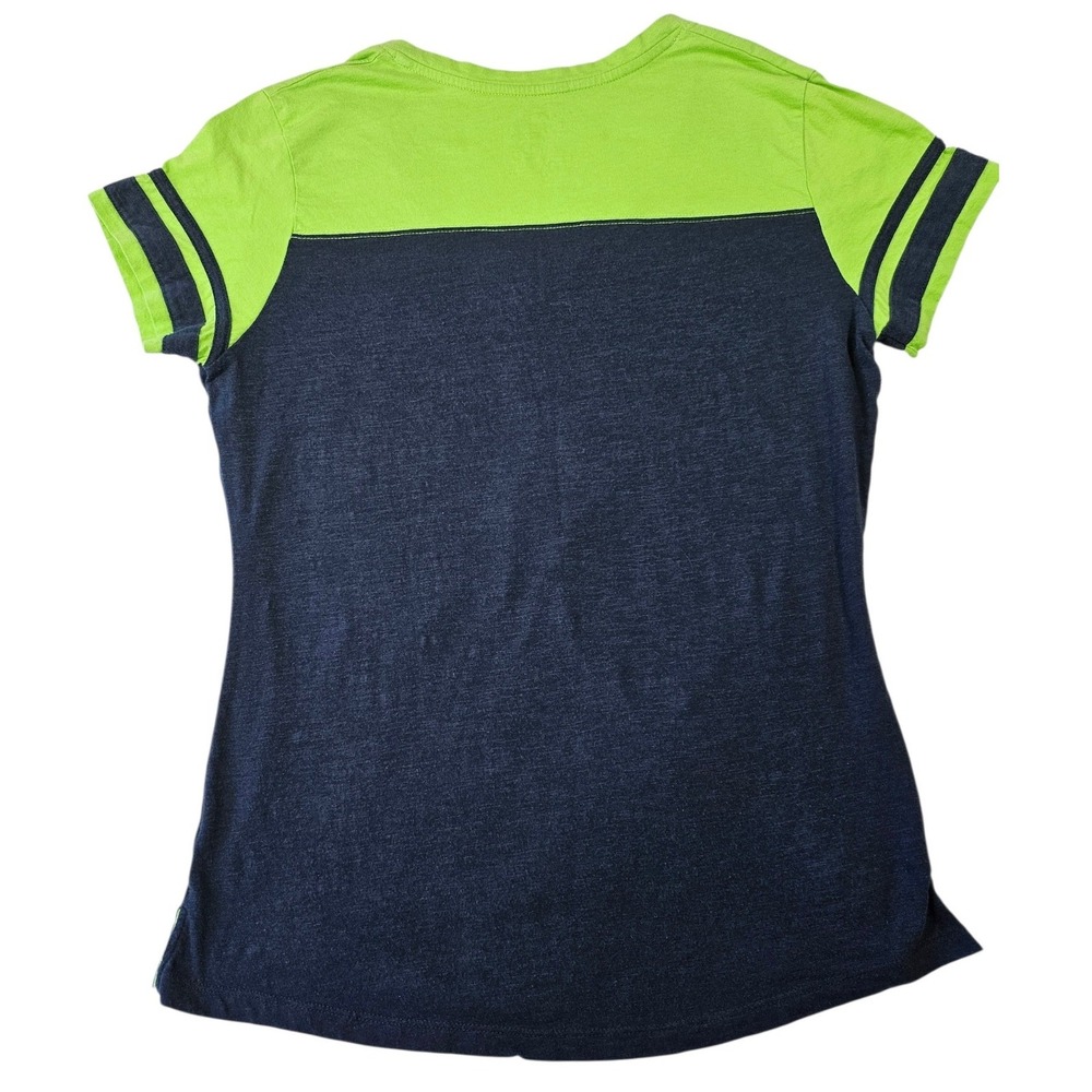 Majestic Seattle Seahawks Women's V-Neck Tee‎ Navy Blue Neon Green Logo Size Lg - Picture 2 of 9